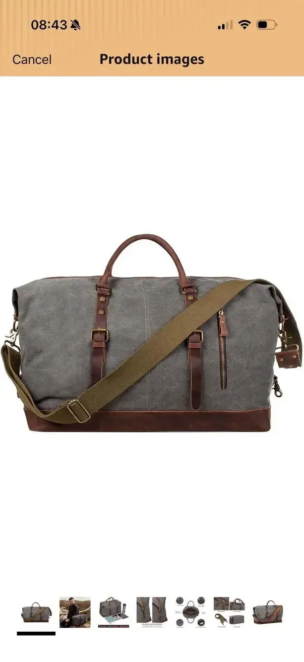 S-ZONE 60L Oversized Canvas Leather Trim Travel Duffle Weekender Bag w/Dopp Kit
